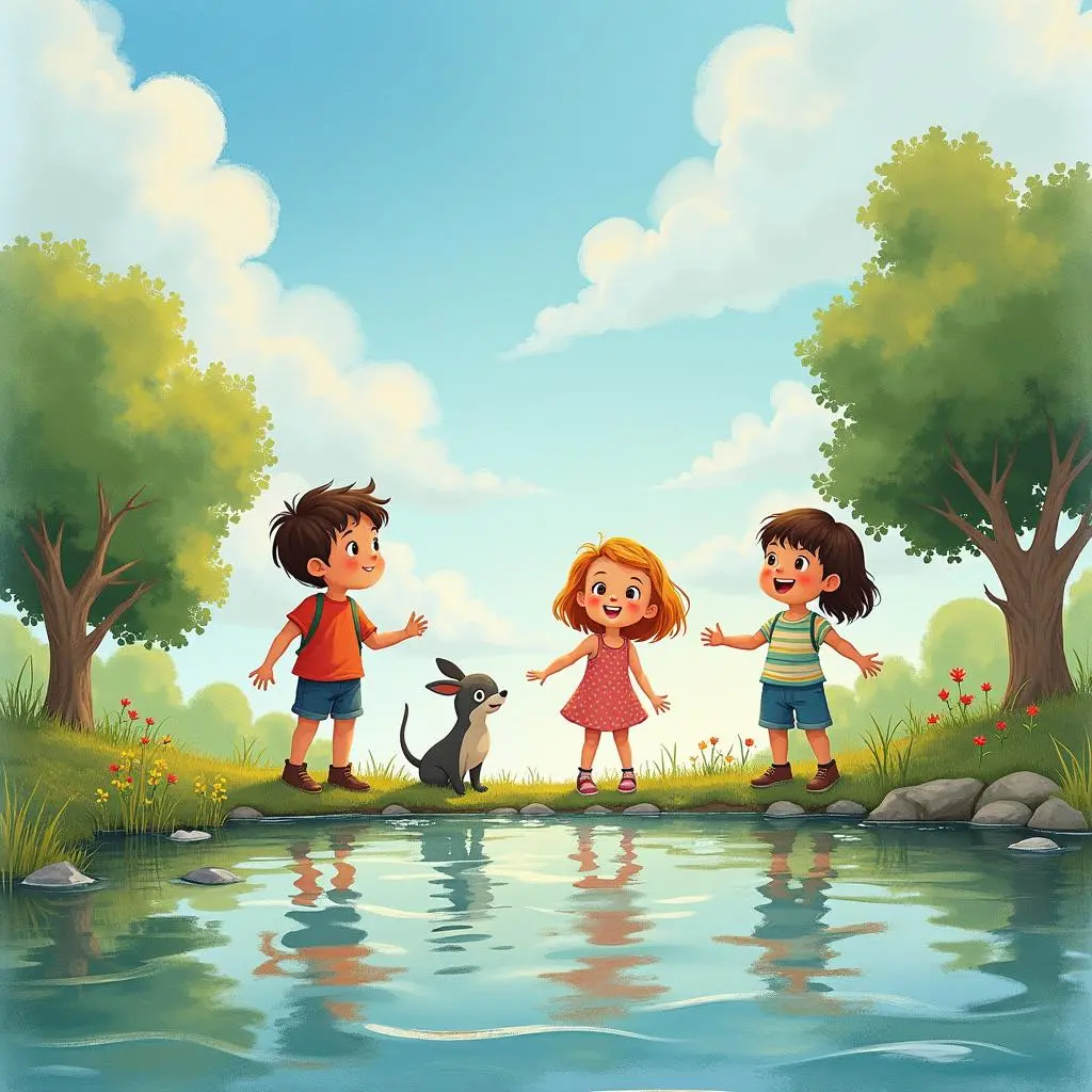 The children laugh by the river