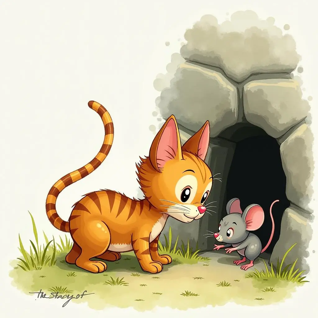 The cat lies at the entrance of the hole, guarding the mouse