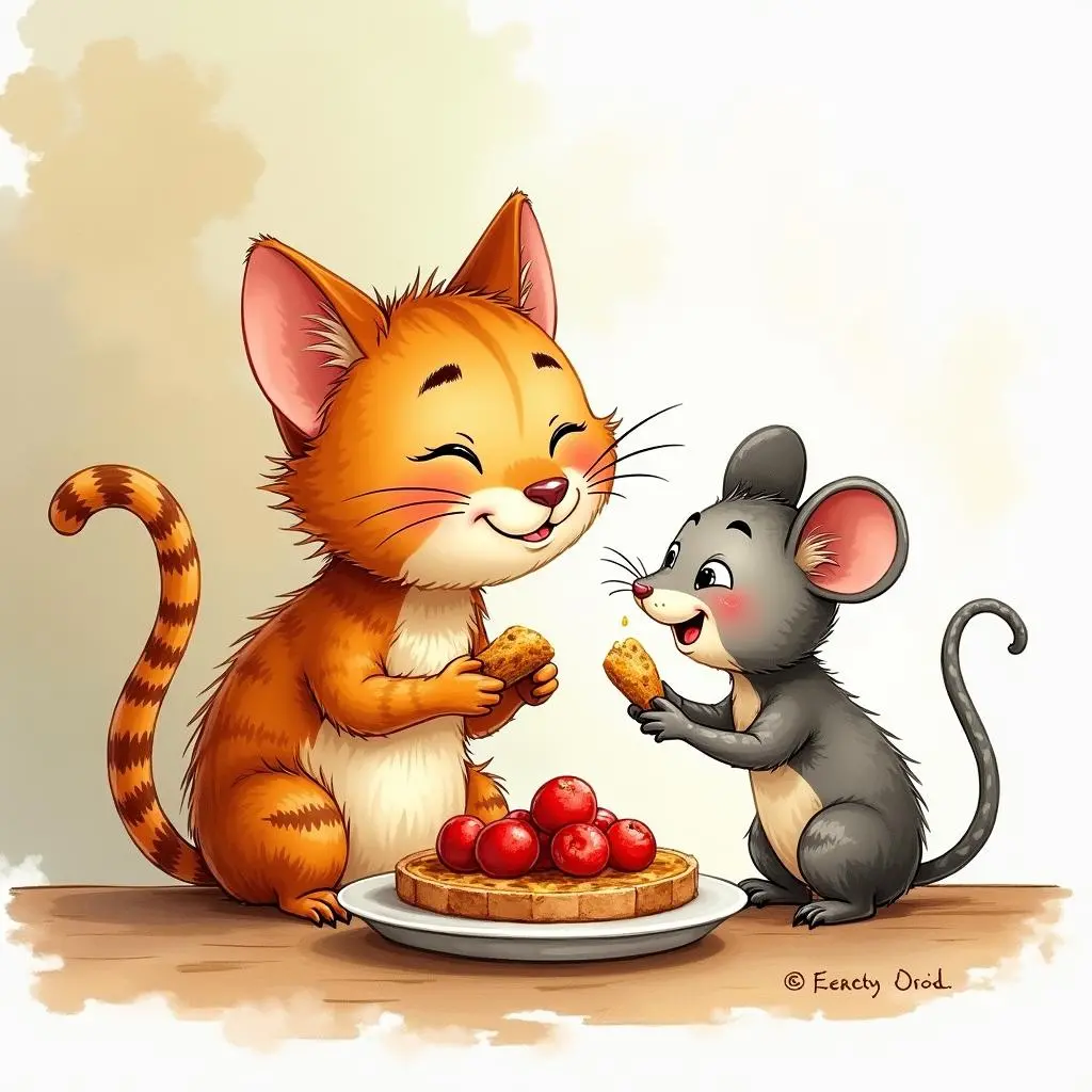 The cat and the mouse share food together