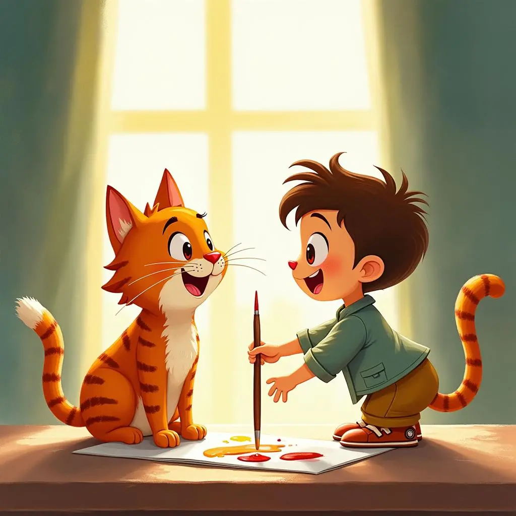 Tony and the cat are discussing their dreams in the room