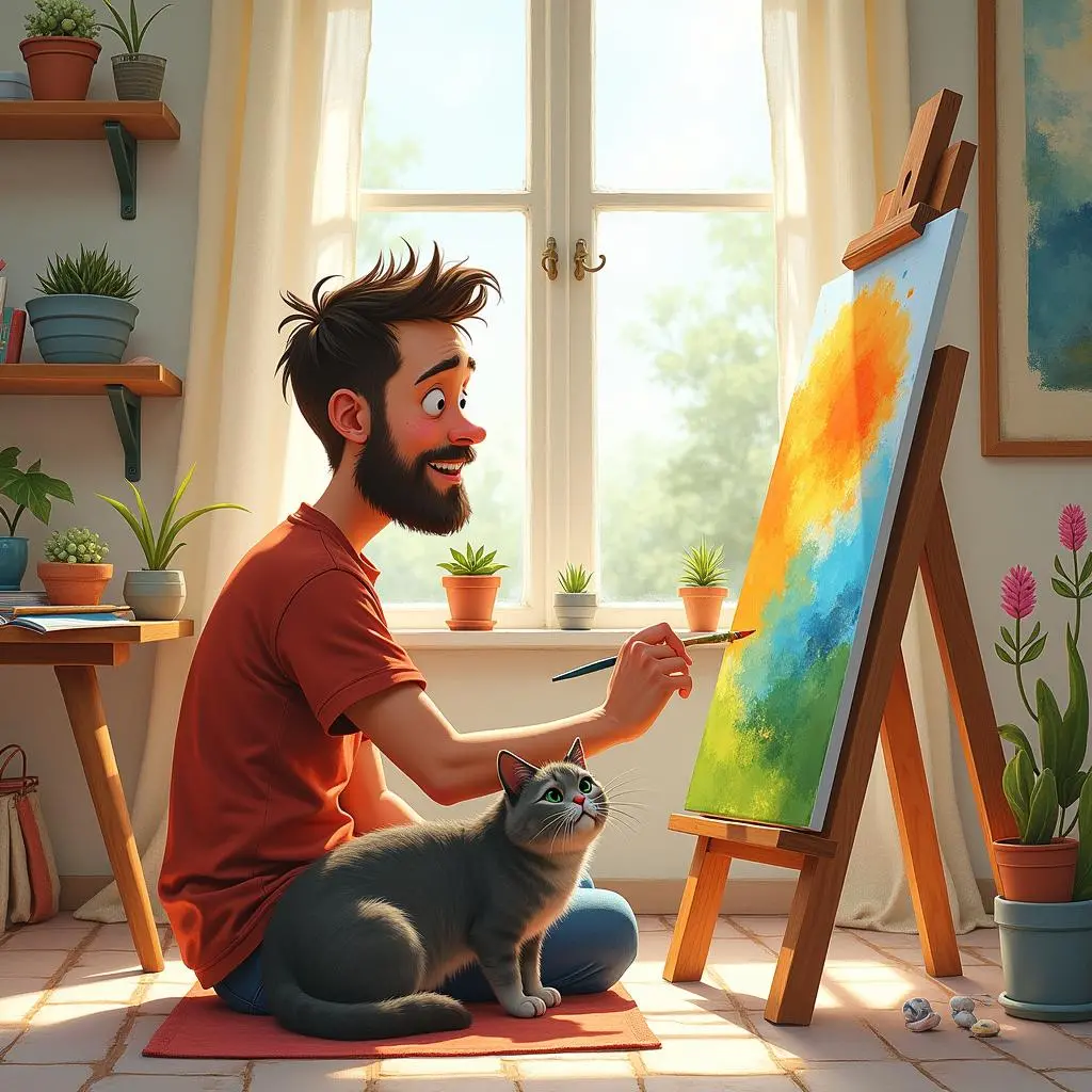 Tony is painting in his new studio while the cat is beside him
