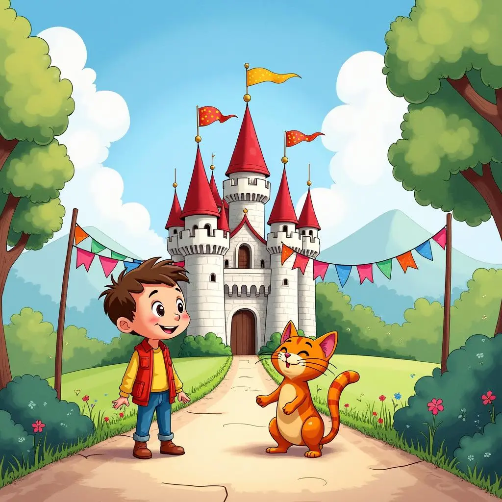 Tony and the cat are standing in front of the castle and laughing