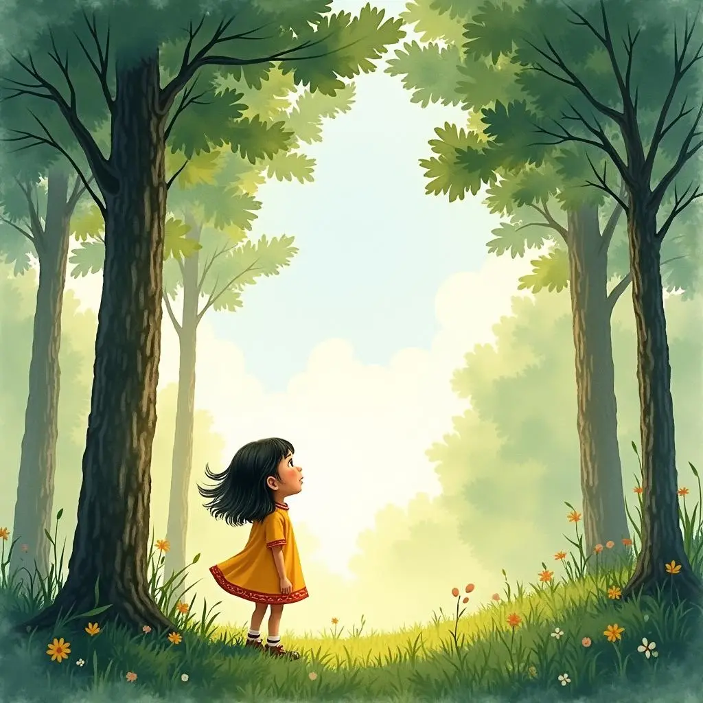 Xiaoli stands in the forest in the painting, surrounded by tall trees