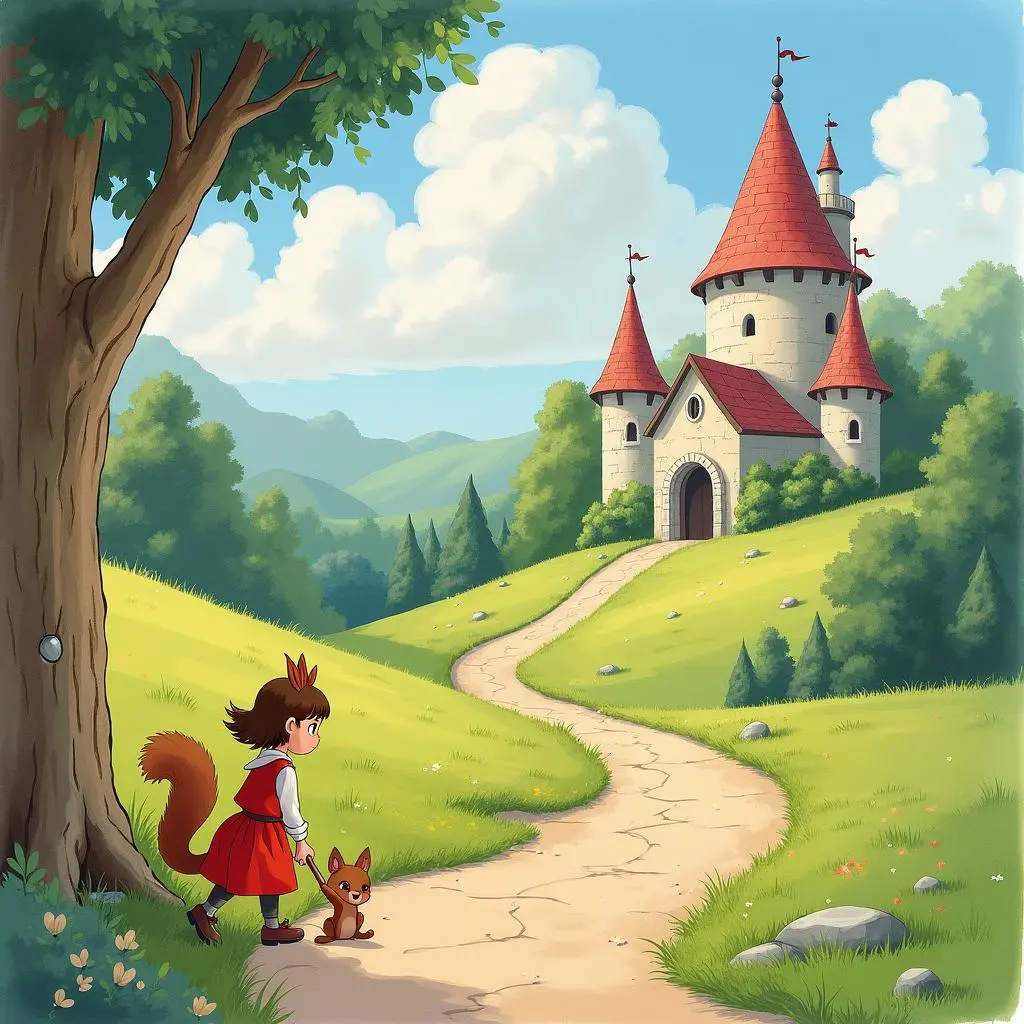 Xiaoli and the squirrel walk towards the castle