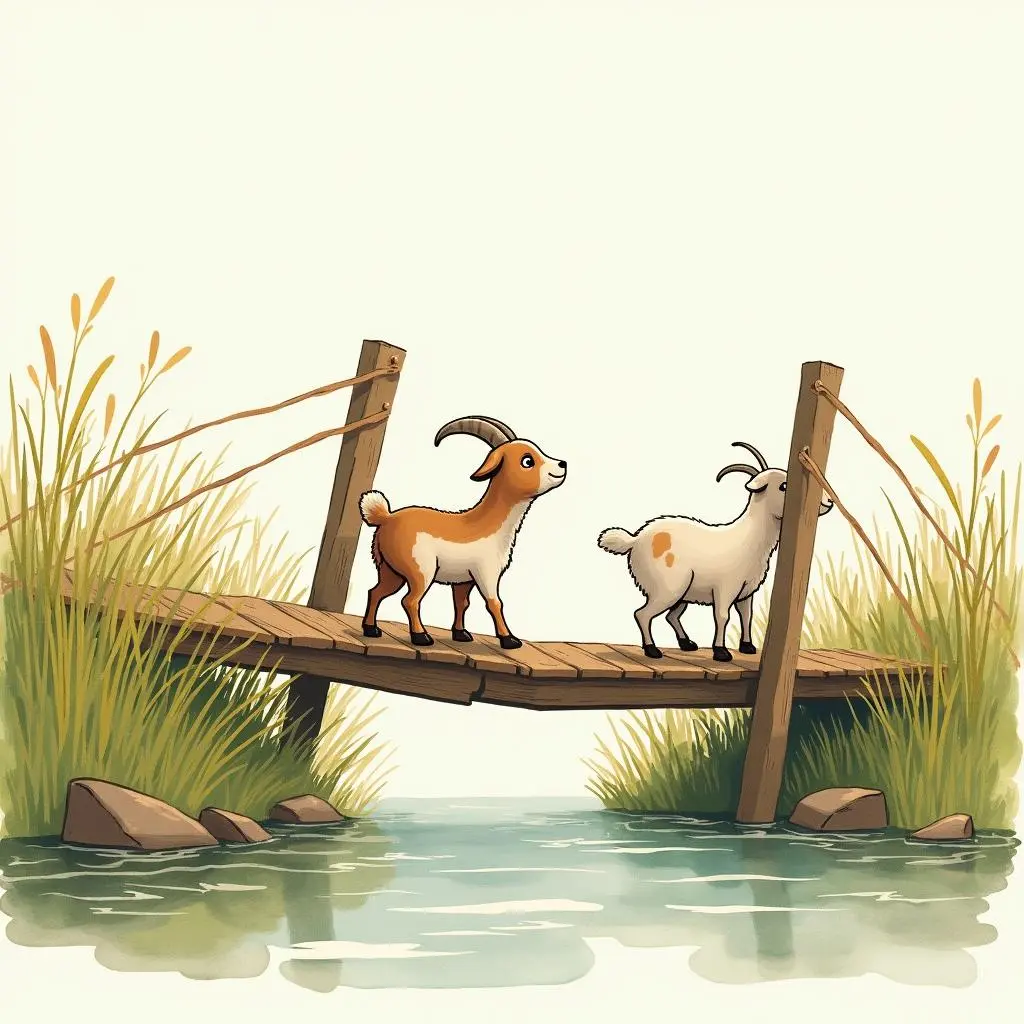 The small goat walks onto the bridge