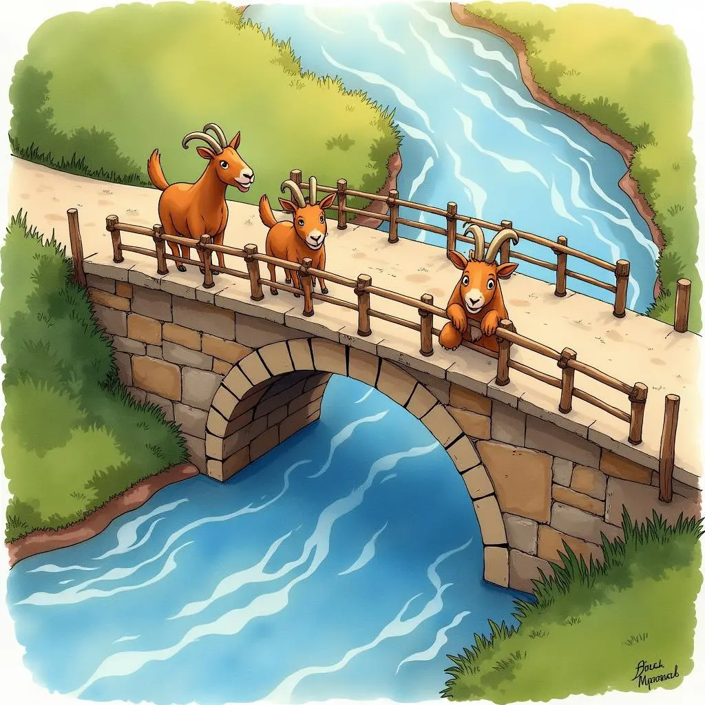 The medium - sized goat walks onto the bridge