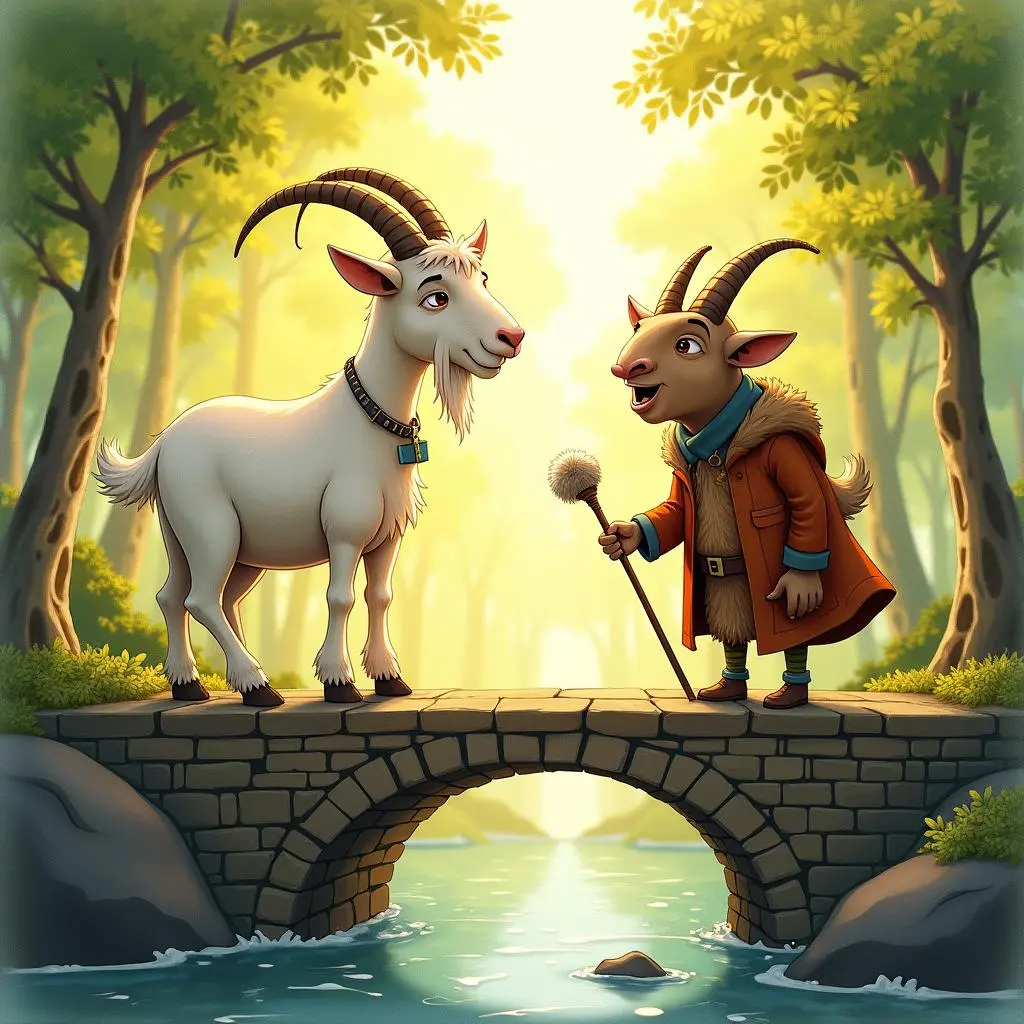 The large goat walks onto the bridge
