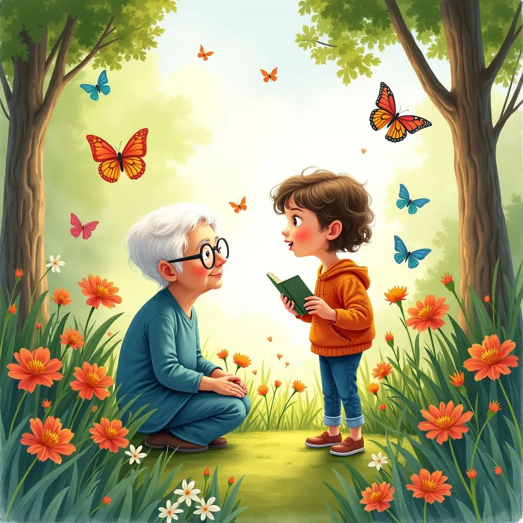 Lucy and her grandmother are in the garden