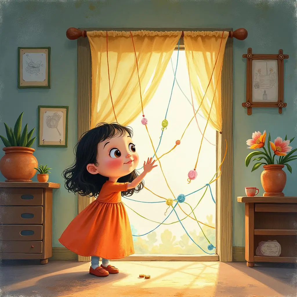 Lucy stands in front of the loom, holding a wisp of memory thread in her hand