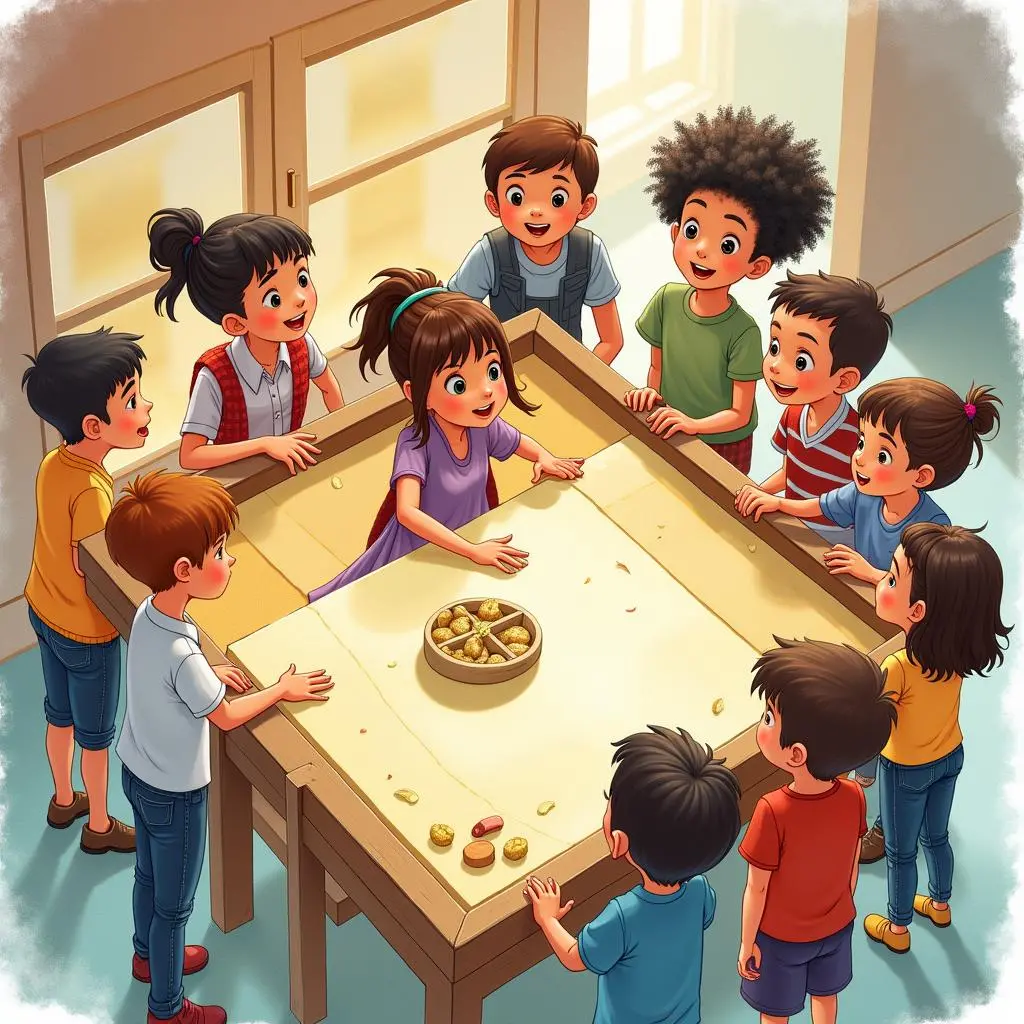 Lucy shows the woven time cloth to her friends