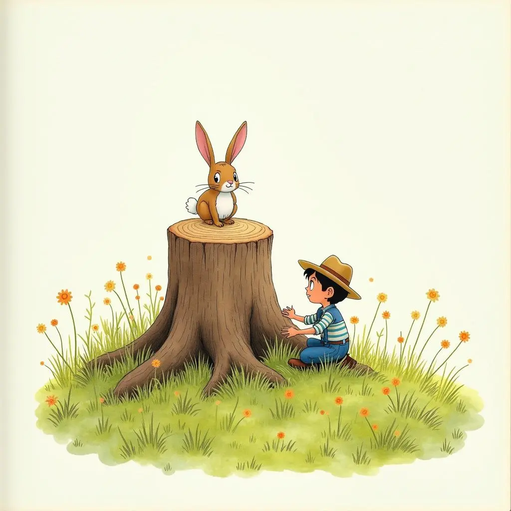 The farmer waiting by the tree stump