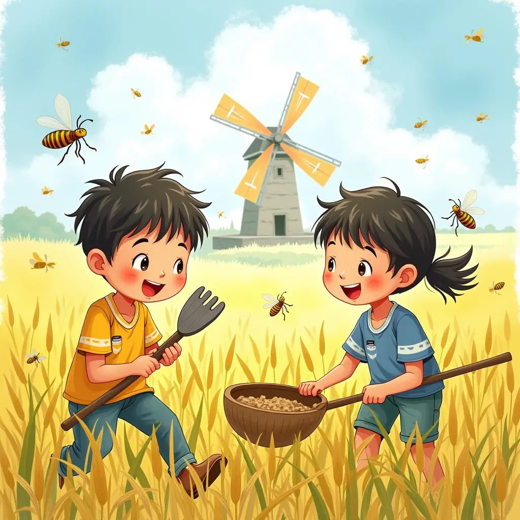 孩子们在稻田里劳作
