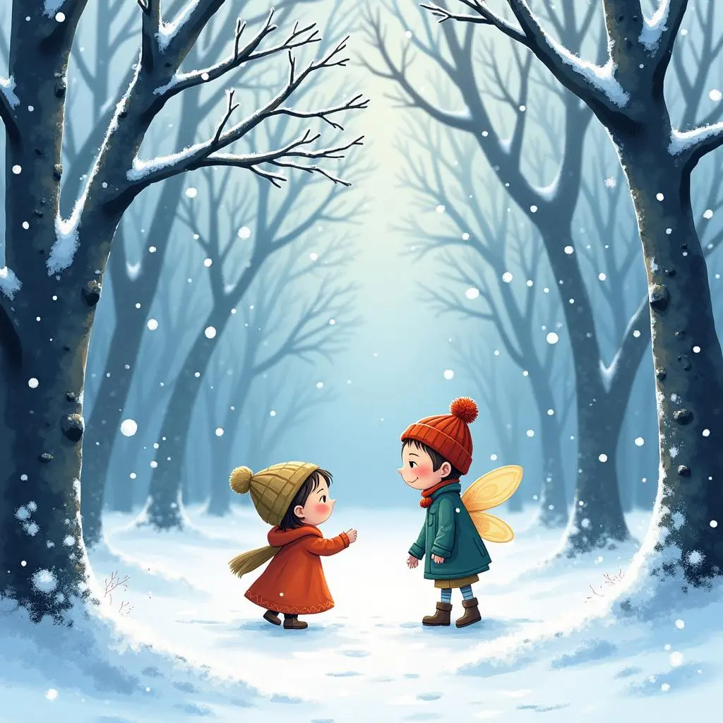 The winter fairy extends her hand to a child