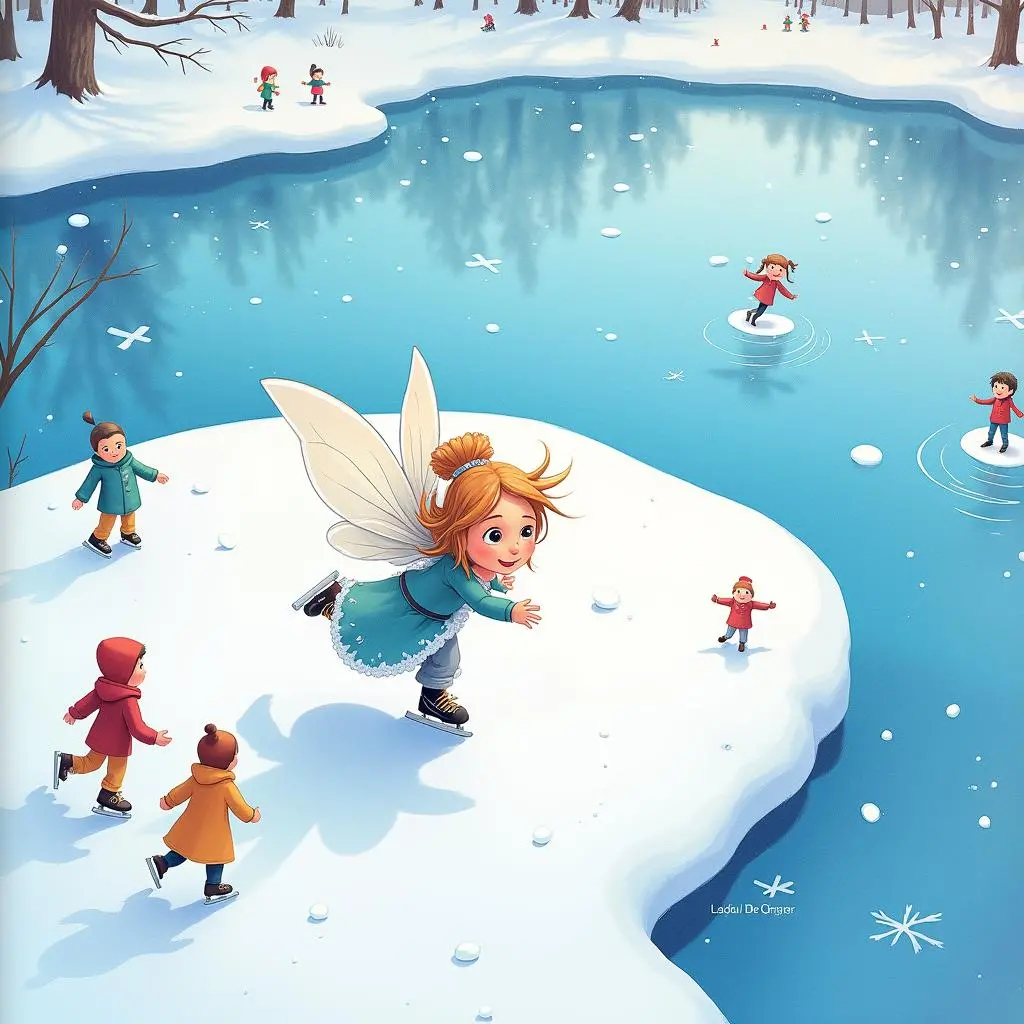 The winter fairy and people are on the frozen lake