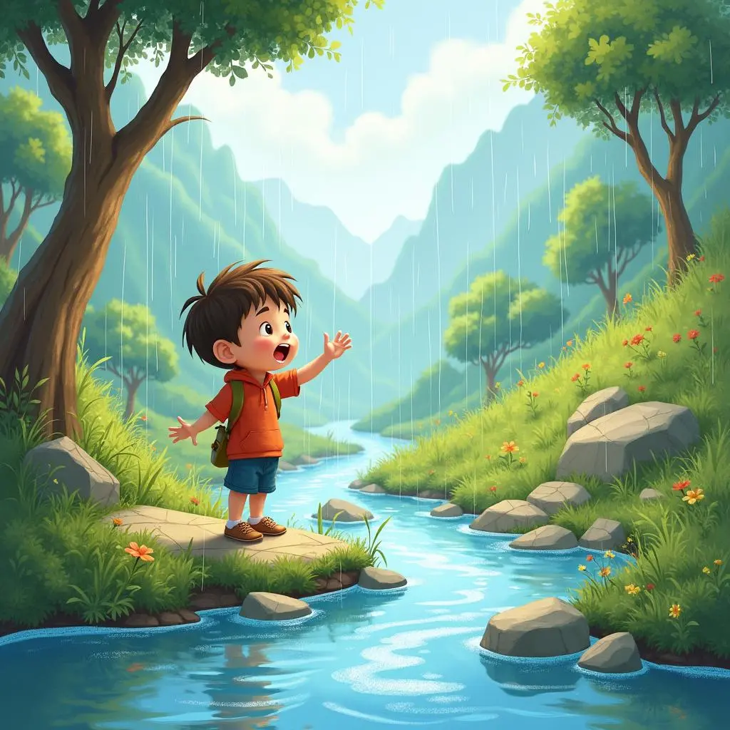 汉斯在雨中的山谷里发现了智慧泉水,泉水清澈见底,周围有奇异的花草,泉水散发着微光