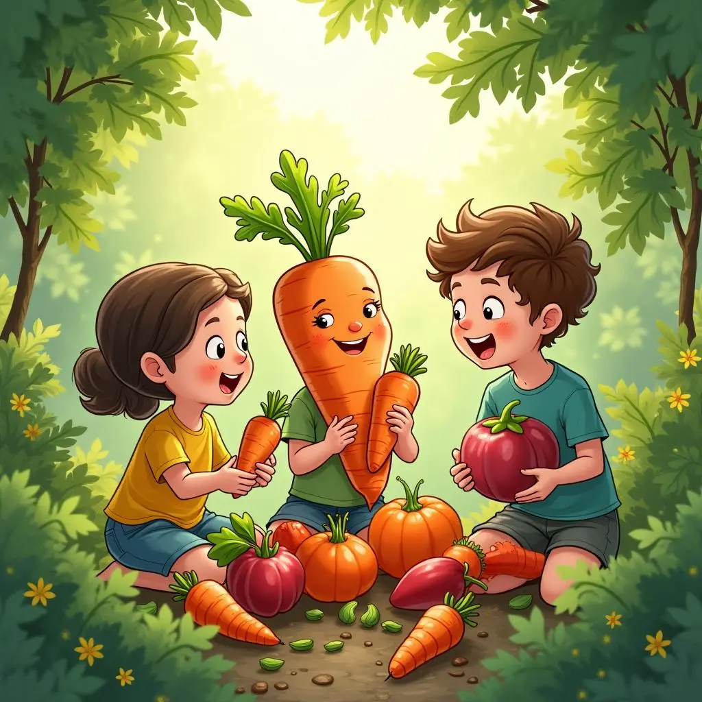 Children sharing vegetables in the garden