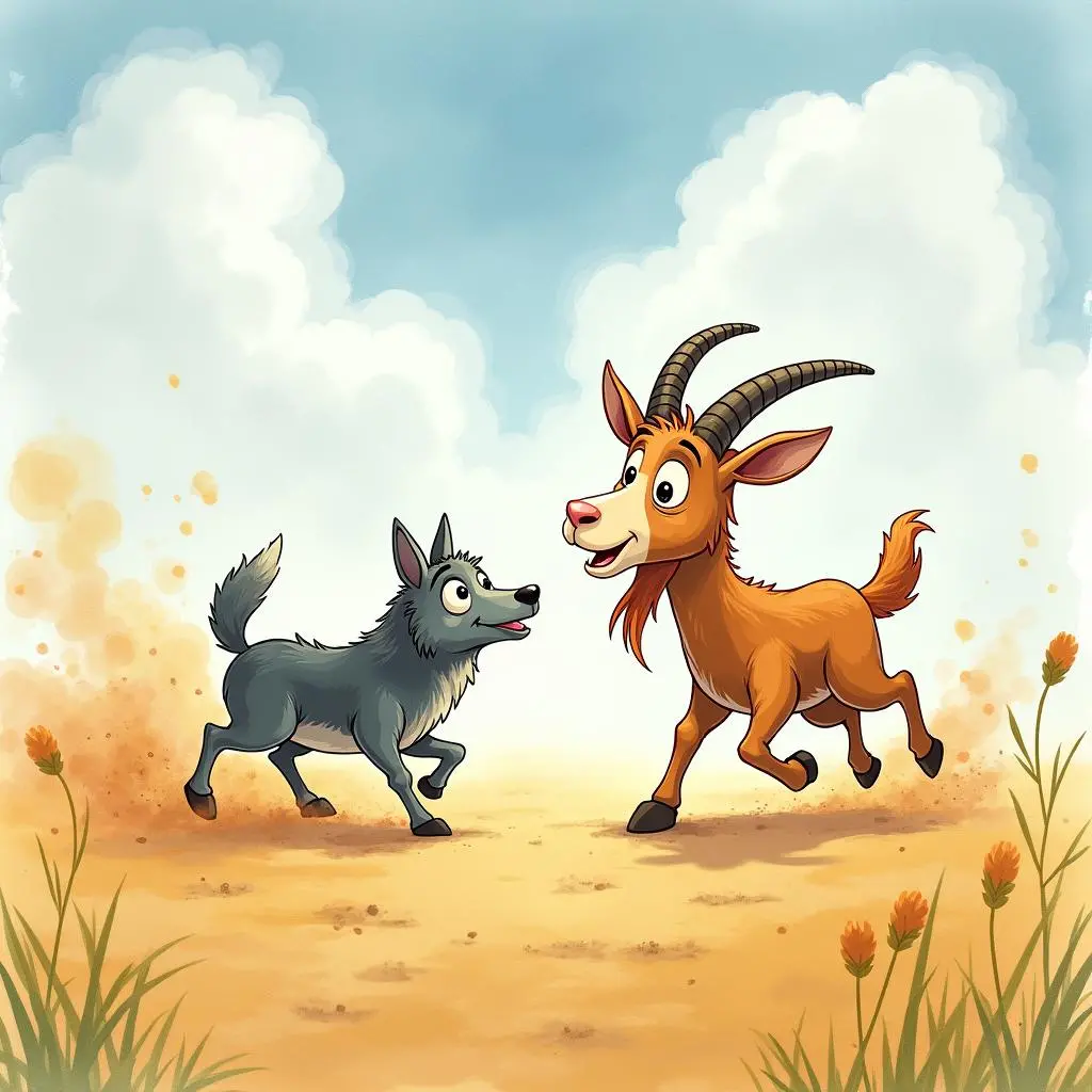 The goat looks at the wolf running away triumphantly