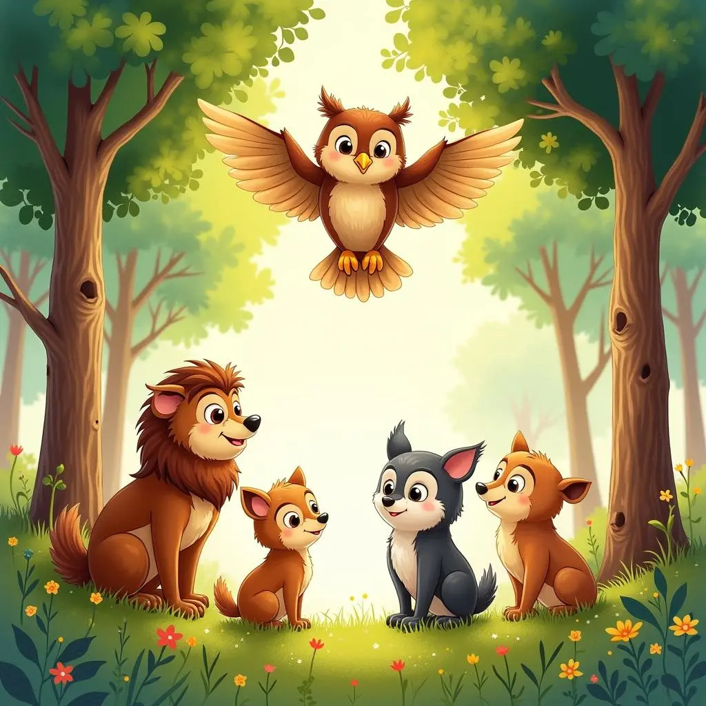 The animals laugh under the owl