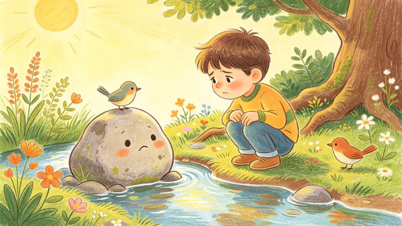 小石头安慰忧郁的小男孩
