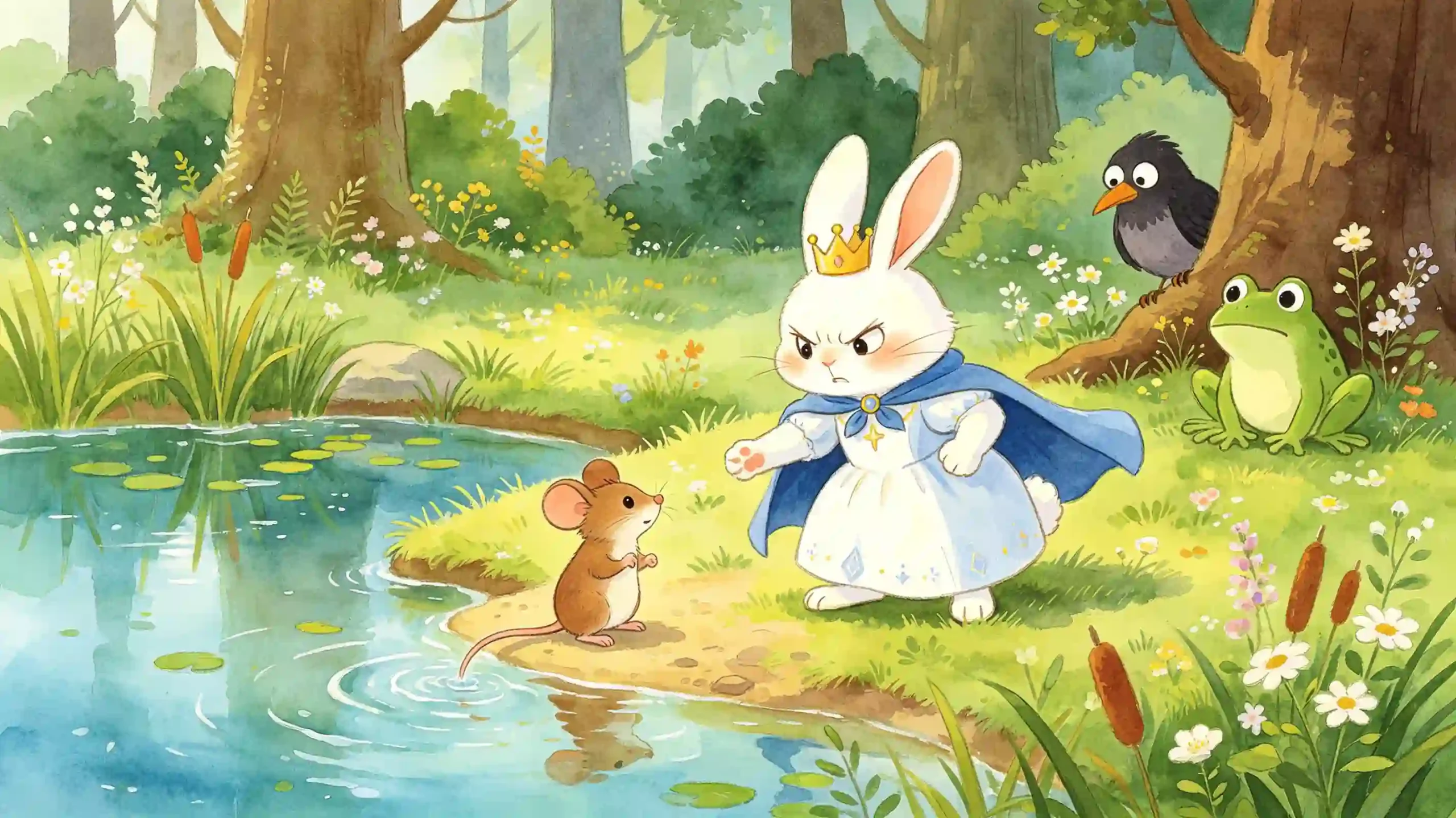 Illustration 1: The White Rabbit Princess Stops the Little Mouse by the Lake